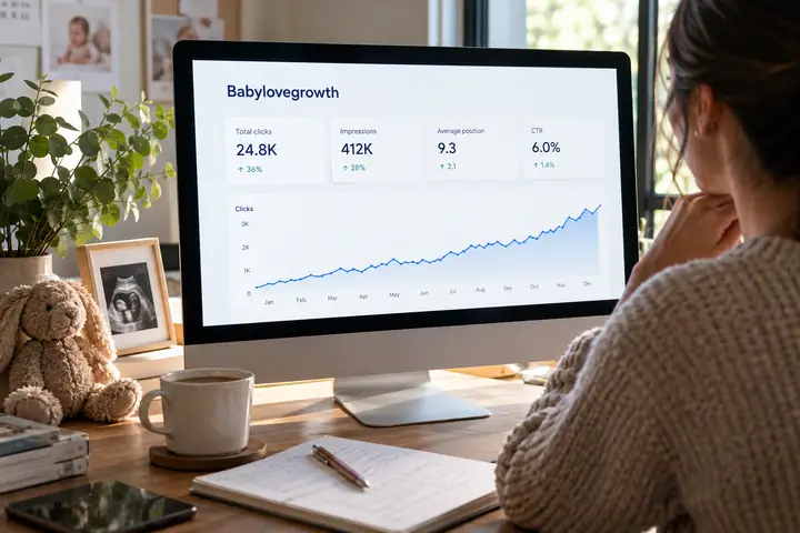 Realistic search performance dashboard in a desktop browser, showing restrained blue metrics and a rising line chart on white.
